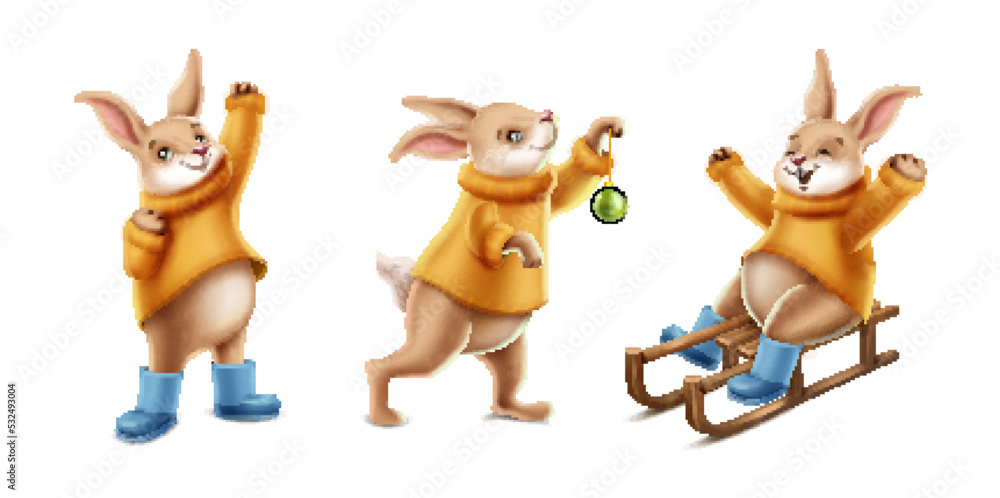 Vector cartoon style icon illustration. Winter concept. Rabbit in sweater on the sledge, with warm boots, decorating tree.