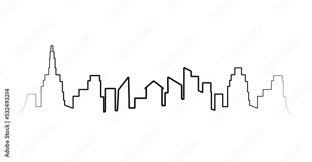 City panorama view, flat graphic vector illustration. Simple isolated outline shape, border abstract print. Urban building silhouette.