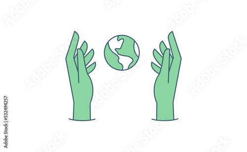 Sustainable ecologic environment concept. Hand holding planet earth. Linear vector illustration.