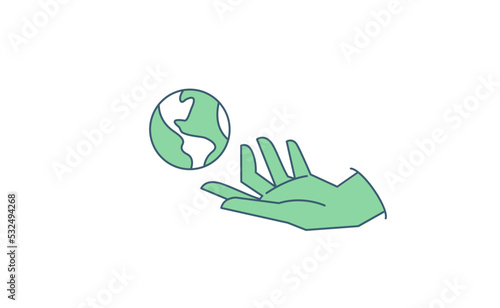 Sustainable ecologic environment concept. Hand holding planet earth. Linear vector illustration.