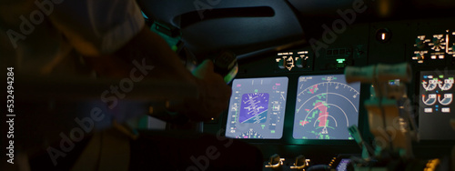 CU on airplane weather radar screen inside the cockpit, aircraft going through thunderstorm rain clouds, heavy turbulence