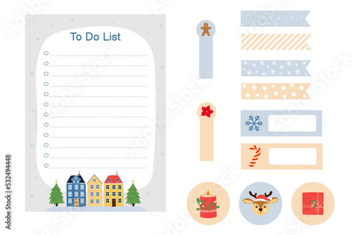 Winter planner stickers set and To Do list. Hand drawn cute seasonal elements. Template for notebook and stationery.