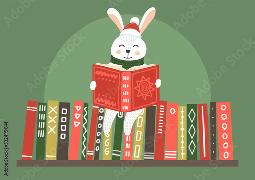 Cute Christmas, New Year white rabbit reading book on bookshelf. Children library, bookstore, education winter holiday illustration.