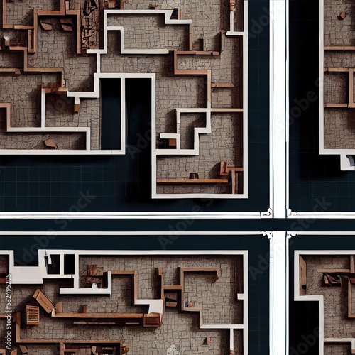 A 3D isometric top view pattern of a stone dungeon with rooms and doors. A textured background and an endless tile. 3D illustration and seamless tile of a planimetry.