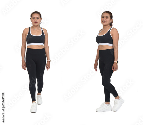 front and side view of same woman with sportswear walking on white backgrouond