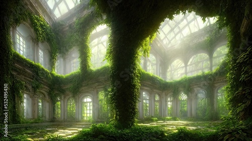 A garden in a majestic architectural building with large stained glass windows and arches. Mystical and mysterious rooms in green plants. Fantasy interior, exterior inside the building. 3D illustratio