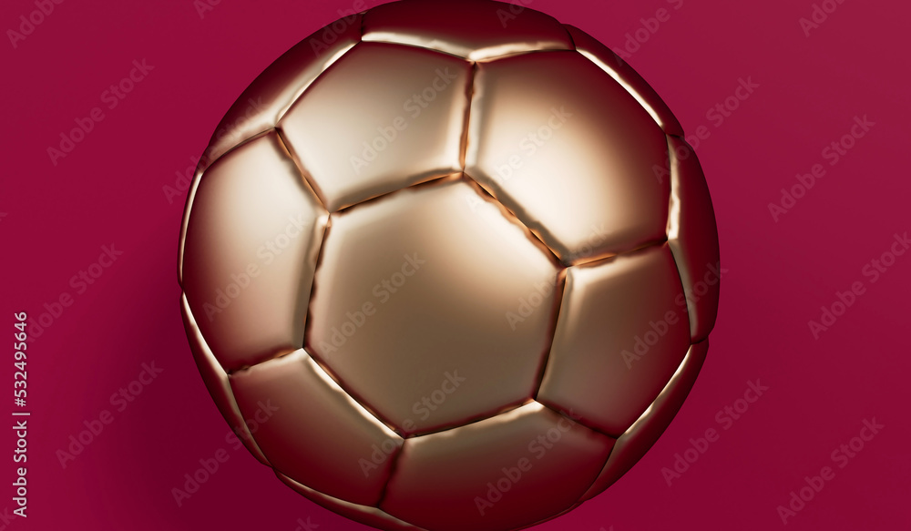 Golden football soccer ball on a burgundy background. 3D Rendering