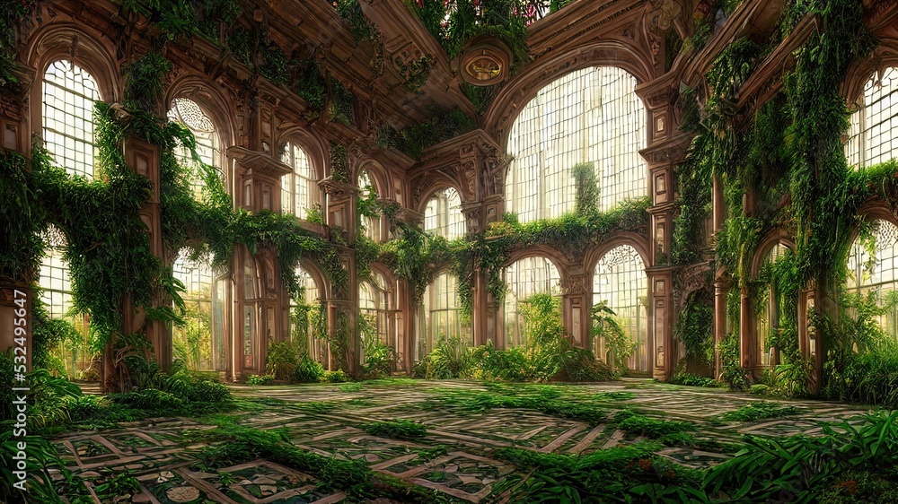 A garden in a majestic architectural building with large stained glass windows and arches. Mystical and mysterious rooms in green plants. Fantasy interior, exterior inside the building. 3D illustratio A garden in a majestic architectural building with large stained glass windows and arches. Mystical and mysterious rooms in green plants. Fantasy interior, exterior inside the building. 3D illustratio