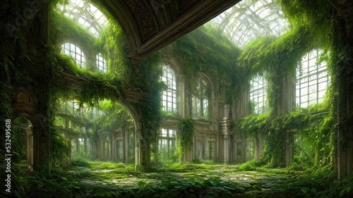 A garden in a majestic architectural building with large stained glass windows and arches. Mystical and mysterious rooms in green plants. Fantasy interior, exterior inside the building. 3D illustratio