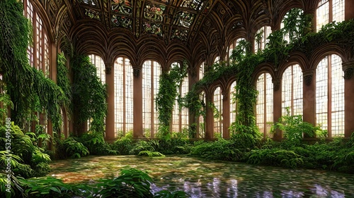 A garden in a majestic architectural building with large stained glass windows and arches. Mystical and mysterious rooms in green plants. Fantasy interior  exterior inside the building. 3D illustratio