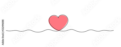 single line drawing of red heart isolated on white background, love and romance symbol line art vector illustration