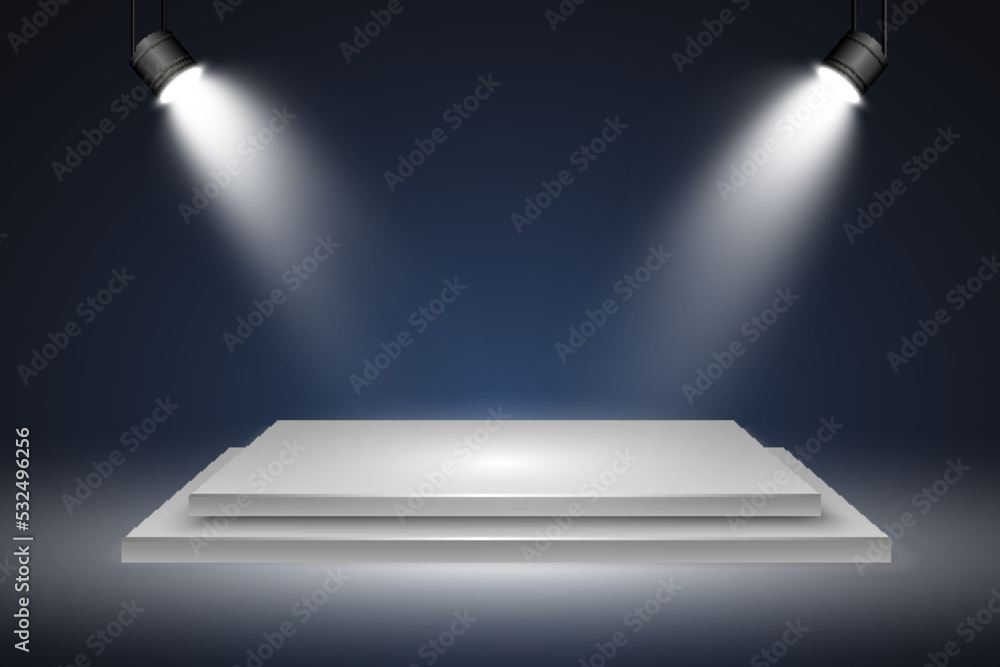 Podium, pedestal or platform, illuminated by spotlights in the background. Vector illustration. Bright light. Light from above. Advertising place Podium, pedestal or platform, illuminated by spotlights in the background. Vector illustration. Bright light. Light from above. Advertising place