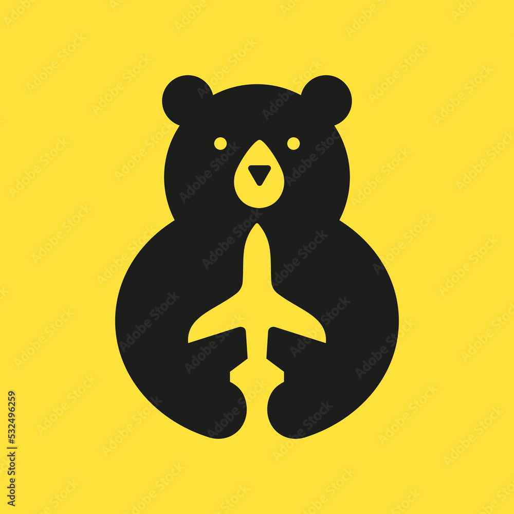 Initial Travel Bear Logo Negative Space Vector Template. Bear Holding Airplane Symbol Initial Travel Bear Logo Negative Space Vector Template. Bear Holding Airplane Symbol