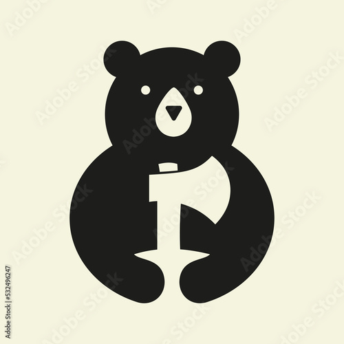Initial Bear AXE Logo Negative Space Vector Template. Bear Holding AXE Symbol