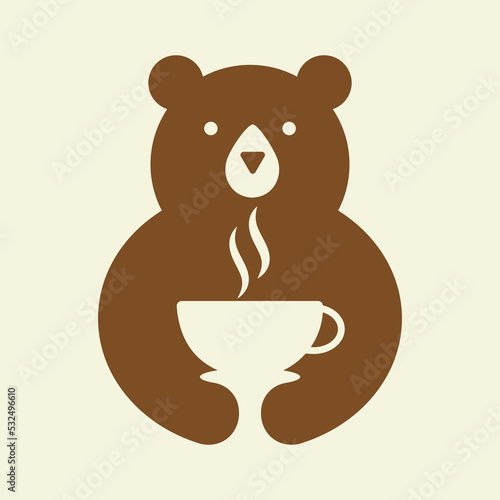 Initial Bear Tea Cup Logo Negative Space Vector Template. Bear Holding Tea Cup Symbol