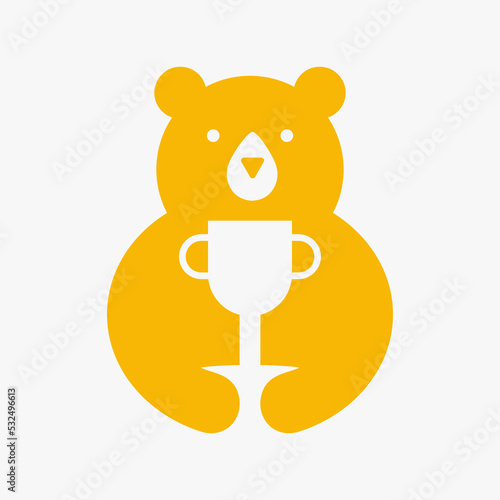 Initial Winner Bear Logo Negative Space Vector Template. Bear Holding Trophy Symbol