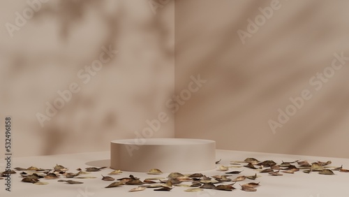 Beige pedestal podium mockup on natural shadow pastel beige backdrop, dry leaf and grass with empty platform beauty product showcase and presentation, 3D Rendering