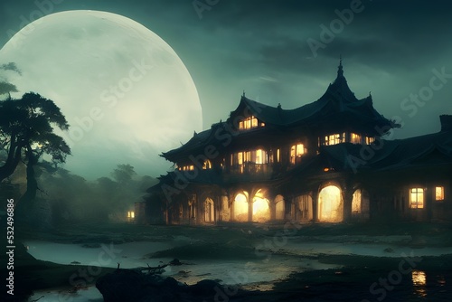 Full moon shines over a creepy haunted house. 