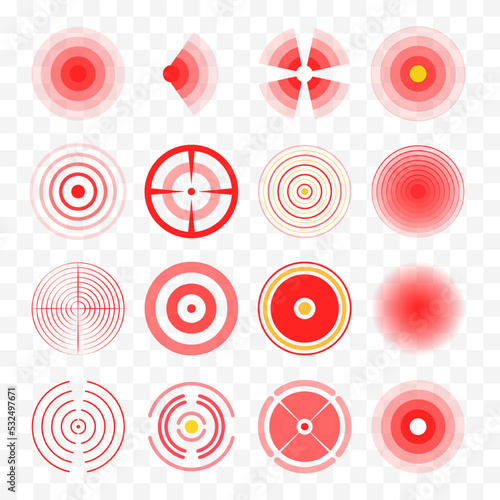Collection of red pain rings, red circles of pain. Symbol of painful areas on the human body, designation of pain in the joints, bones and muscles.