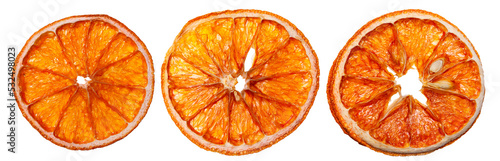Dried orange slices on an isolated white background. Front view.
