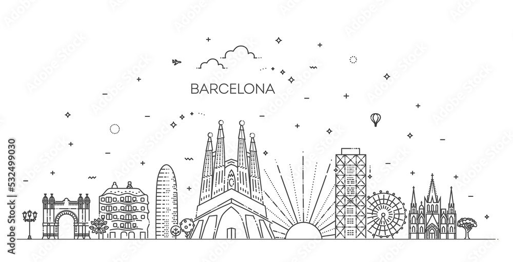 Barcelona skyline, Spain. Vector line illustration