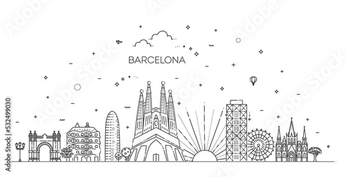 Barcelona skyline, Spain. Vector line illustration