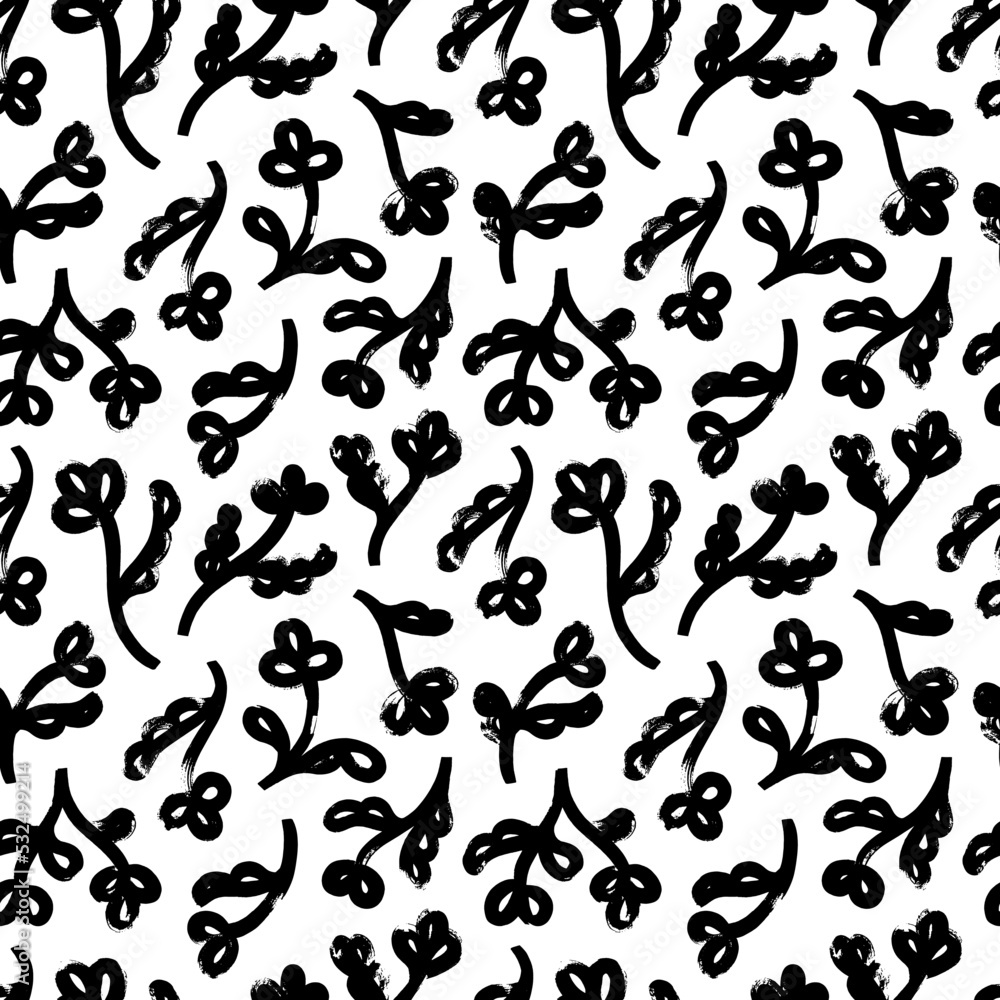 Abstract bold flowers seamless pattern. Funky design with black geometric flowers. Botanical motif, stylized acorn. Cartoon and childish style. Hand drawn vector whimsical leaves and twisty stems
