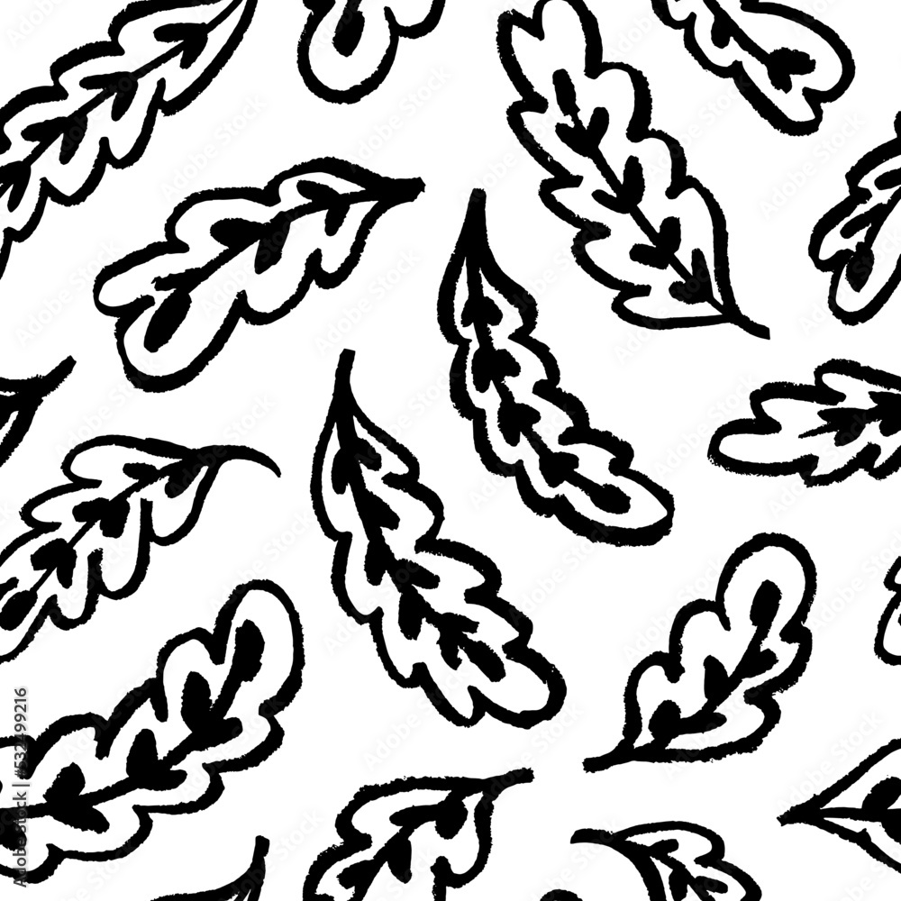Bold oak leaves with veins seamless pattern. Hand drawn sketchy style leaves. Charcoal or pencil drawing. Simple abstract botanical print in grunge style. Black and white foliage vector ornament. Bold oak leaves with veins seamless pattern. Hand drawn sketchy style leaves. Charcoal or pencil drawing. Simple abstract botanical print in grunge style. Black and white foliage vector ornament.