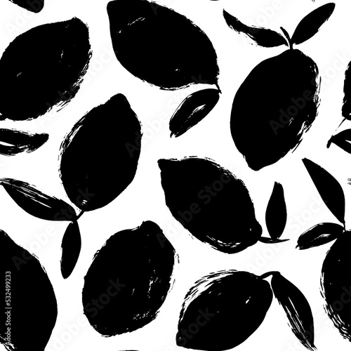 Hand-drawn lemons silhouettes seamless pattern. Black grunge lemons. Decorative background with citrus fruits hand-drawn with a dry brush. Summer textile design. Simple sketch fruits with leaves.
