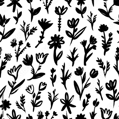Wild black flowers seamless pattern. Botanical vector ornament, decorative wildflowers. Chamomile, clover, daisy simple elements. Small stems, herbs and branches. Hand drawn seamless pattern