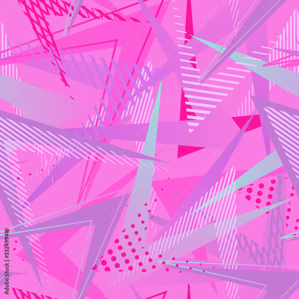 Abstract seamless geometric pattern. Grunge urban repeating background for girls, textiles, wrapping paper. Lines of elements, triangles, arrows in bright pink, purple colors.