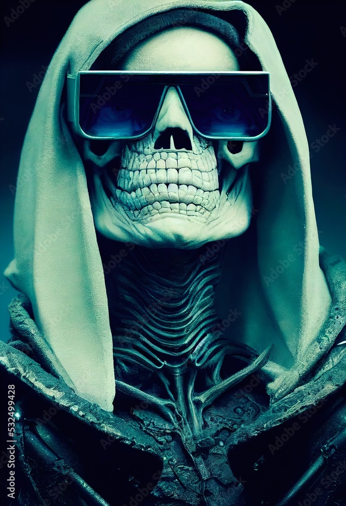 Portrait of a cyberpunk zombie skeleton from hell with fancy sunglasses.  Halloween Concept. 3D rendering. Stock Illustration