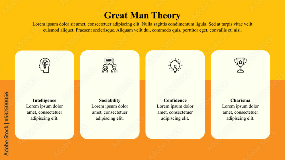 Infographic template of great man theory of leadership with icons and text space.