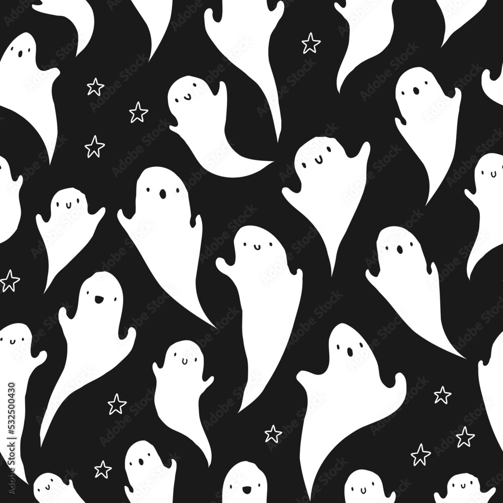Cute black and white pattern, doodle ghosts with stars. Halloween seamless background. For fabric textile, home, baby. Cute black and white pattern, doodle ghosts with stars. Halloween seamless background. For fabric textile, home, baby.