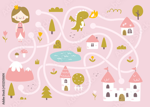 Fairy tale mini labyrinth game for baby girls. Fantasy kingdom maze with princess for kids.