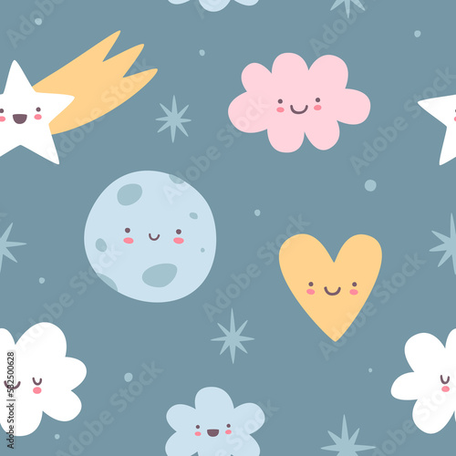 Cute scandinavian baby pattern with sky. Kawaii dreamy vector seamless print for pajamas and kids bedding.