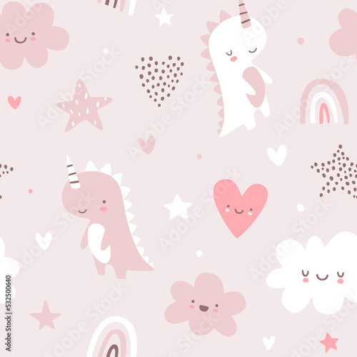 Cute scandinavian baby pattern with unicorn dino. Seamless vector pink print for girls fabric.