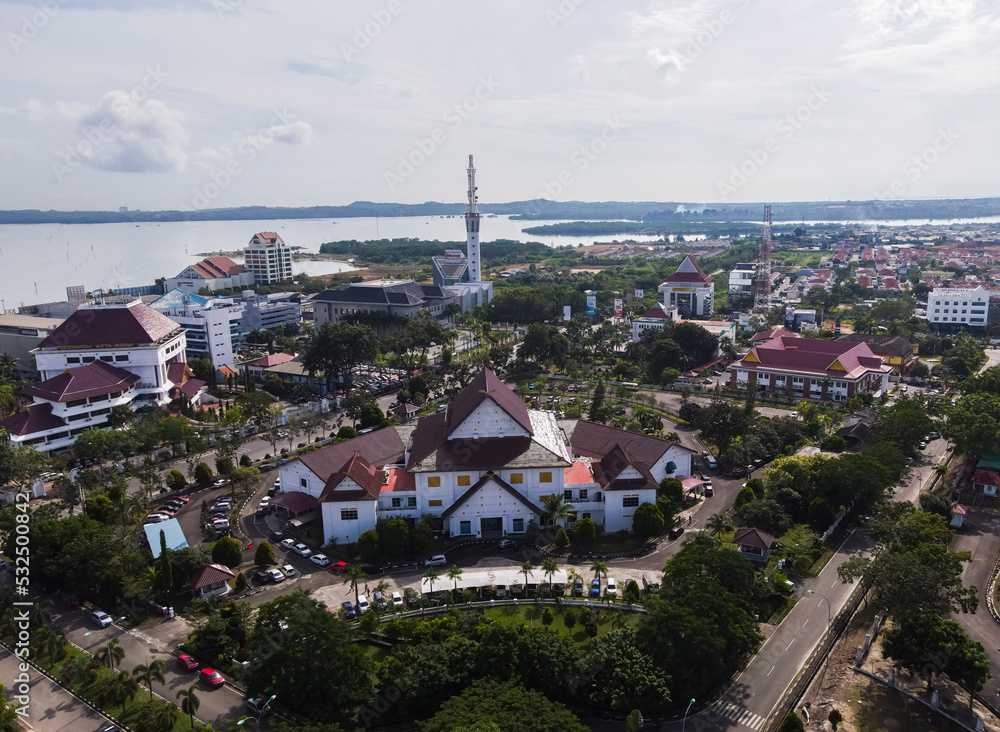 The landscape of the Batam Center area seen from a height. In this area there is the Batam City square, the Mayor's Office, the Grand Mosque, and the Legislative building