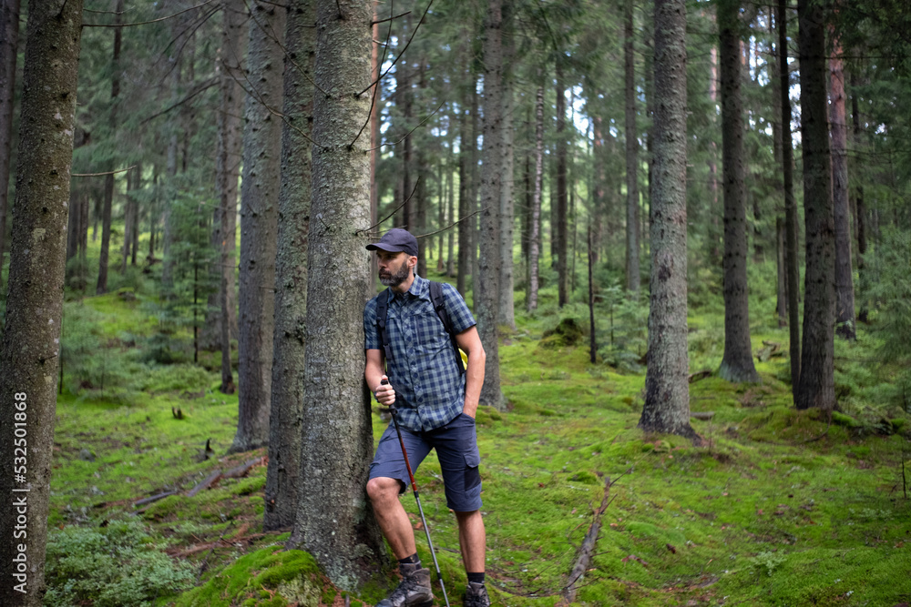 Hiker beard man in a green mountain forest. Dressed up in a cap, shorts, and plaid shirt with a backpack and trekking sticks Hiker beard man in a green mountain forest. Dressed up in a cap, shorts, and plaid shirt with a backpack and trekking sticks