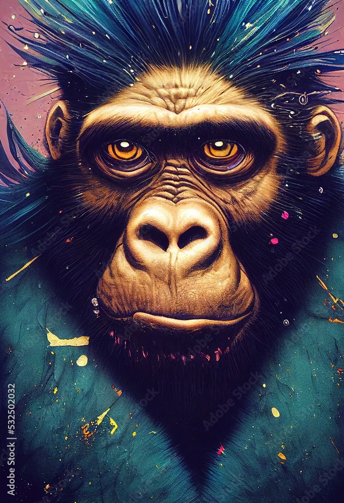 Portrait of a punk monkey. Monkey rock musician. Hipster monkey with a punk hairdo. 3D rendering - obrazy, fototapety, plakaty 