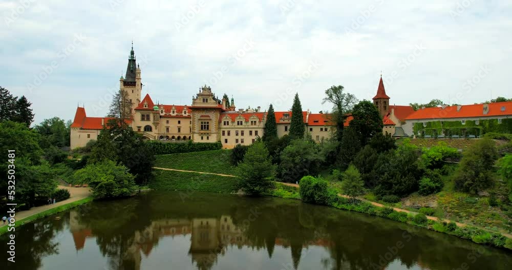 Pruhonice Castle near Prague in Czech Republic Europe aerial fly over in HDR, HFR Pruhonice Castle near Prague in Czech Republic Europe aerial fly over in HDR, HFR