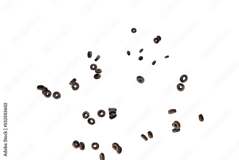 Chocolate rings cereal spill out into a bowl. Breakfast. Chocolate rings cereal spill out into a bowl. Breakfast.