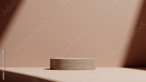 wood pedestal podium mockup display  beige backdrop with shadow  natural wooden stand platform for product showcase and presentation  3d rendering