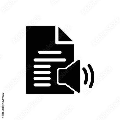 Audiobook icon or read aloud with text paper page and speaker in black solid style