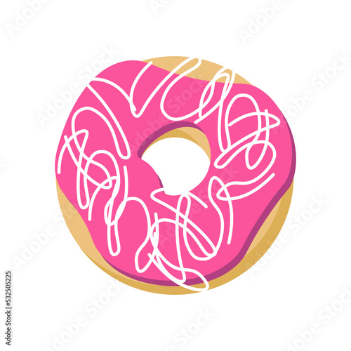 Sweet fresh donut. Vector isolated on white background. For use in postcards, brochures and covers, prints, holidays, confectionery, fabrics and packaging, flyers and labels.