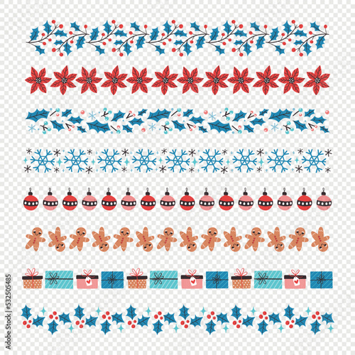 Winter decorative border collection. Seamless borders with christmas elements, seasonal flowers and snowflakes. Isolated elements. Vector illustration.