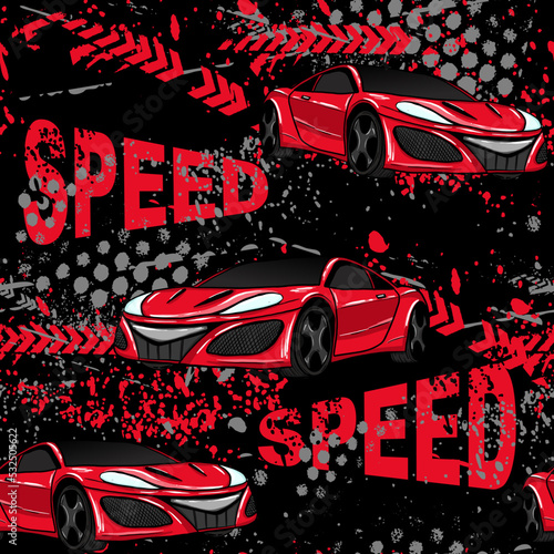 Abstract seamless cars pattern on grunge shape cracked background with shabby texture, arrow, lightning, dots,spray paint, ink. Childish style wheel auto repeated backdrop. Red sportcar