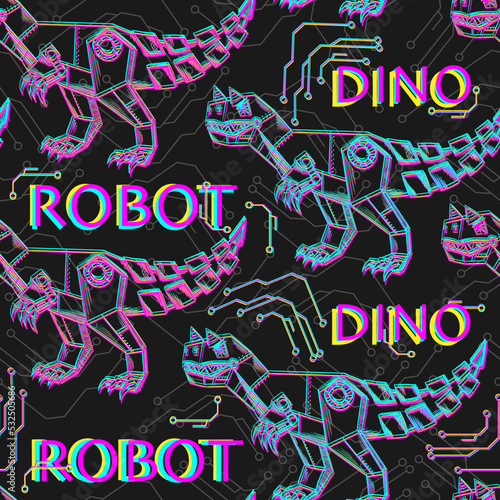 Robot Dinosaur pattern seamless. Iron monster Carnotaurus background. Mechanical animal predator ornament. Baby fabric texture