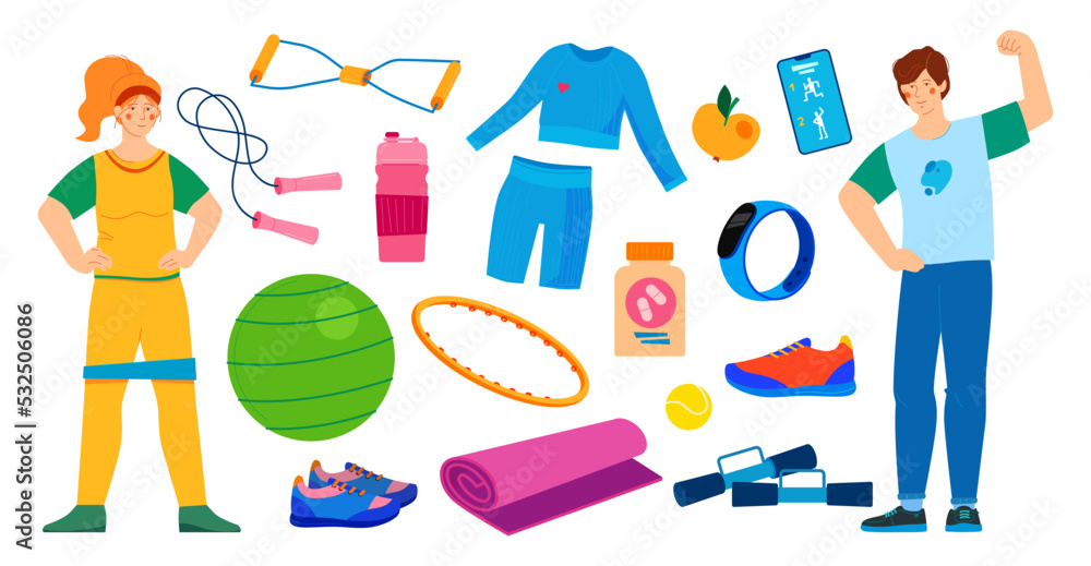 Sports equipment and activity - flat design style illustration set