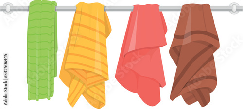 Towels hanging on rack. Color cartoon bathrom clothes